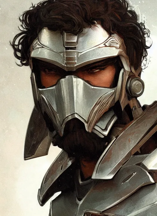 Image similar to medium-length portrait of a male paladin with short curly hair and a dark beard, dark brown skin, happy expression, wears a suit of power armor, gundam, medieval setting, highly detailed, digital painting, artstation, concept art, sharp focus, illustration, art by greg rutkowski and alphonse mucha