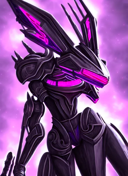 Image similar to cinematic goddess close shot, cosmic size beautiful stunning hot giant robot mecha female dragon, sharp cyborg dragon head, mawshot, metal ears, led purple eyes, smooth fuschia skin, smooth silver armor, in space, epic proportions, macro, epic size, epic scale, furry art, dragon art, giantess art, warframe fanart, furaffinity, octane