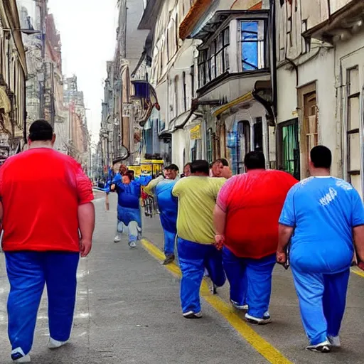 Prompt: a group of obese men walking through a street, the romanian flag is in the background in the sky, hyper realistic, very detailed.