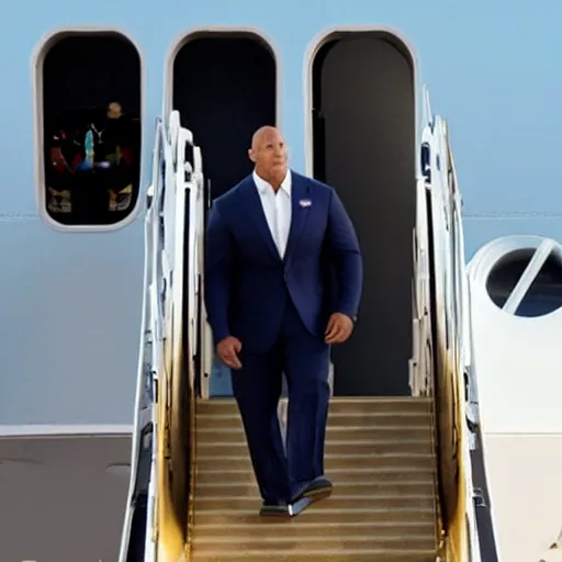 Image similar to dwayne johnson as president of the united states walking down the steps of air force one. photorealistic.