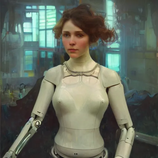 Image similar to hyperrealist portrait of a pretty young female robot with large sad eyes standing in front of a computer simulation by jeremy mann and alphonse mucha, fantasy art, photo realistic, dynamic lighting, artstation, poster, volumetric lighting, very detailed faces, award winning, full face, symmetry