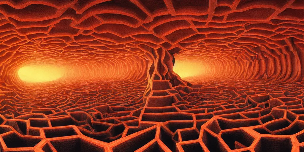 Image similar to deep twisting communal hive maze of shiny magma and smoke award winning art, epic dreamlike fantasy landscape, art print, science fiction, ultra realistic,