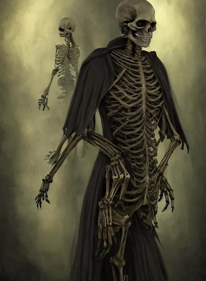 Prompt: a portrait of an undead skeleton mage wearing a robe from skyrim, fantasy setting, dark environment, serene colors, soft lighting, atmospheric, cinematic, moody, in the style of diego koi, gina heyer, luiz escanuela, art by alyssa monk, hyperrealism, rule of thirds, golden ratio, oil on canvas, 8 k
