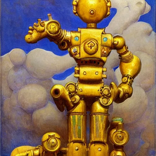 Image similar to sculpture of an ornate robot cat, by annie swynnerton and diego rivera and nicholas roerich and jean delville, symbolist, dramatic lighting, god rays, art brut, rich colors, smooth, sharp focus, extremely detailed, adolf wolfli, by janet fish and ( donato giancola and bilibin )