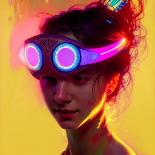 Image similar to A girl wearing a glowing colorful rave mask, face, detailed, intricate, elegant, highly detailed, digital painting, artstation, concept art, smooth, sharp focus, illustration, art by Krenz Cushart and Artem Demura and alphonse mucha