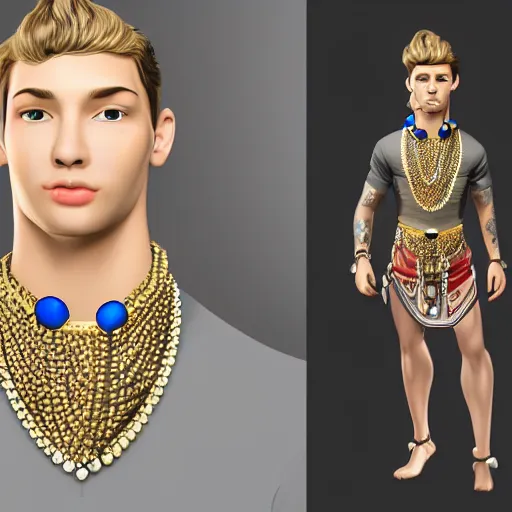 Prompt: a character model design of a very handsome young man wearing excessive jewelry in an ornate and elegant way