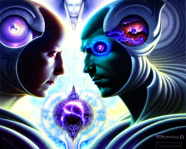 Image similar to the battle of light and dark, gemini, fantasy character portrait made of fractals, facing each other, ultra realistic, wide angle, intricate details, the fifth element artifacts, highly detailed by peter mohrbacher, hajime sorayama, wayne barlowe, boris vallejo, aaron horkey, gaston bussiere, craig mullins