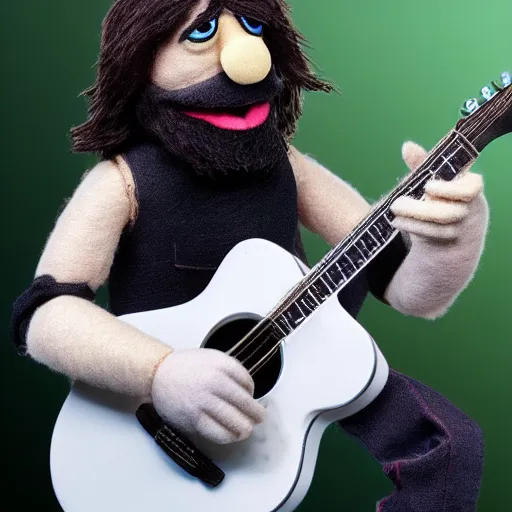 Prompt: bearded dave grohl as a muppet playing guitar. highly detailed felt. hyper real photo. 4 k.