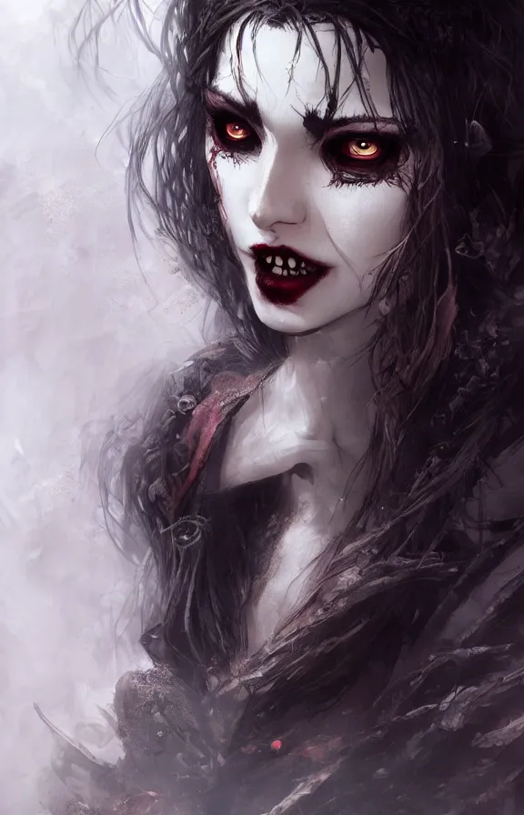 Prompt: an concept art of the vampire queen, dark hair, one eye, intricate details, detailed face, detailed clothes, artstation, epic pose, ambient light, by rembrandt