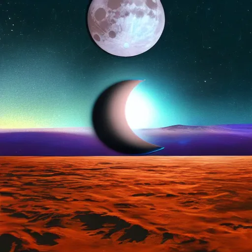 Prompt: lunar eclipse with ringed planet rising over horizon colorful luminescent landscape detailed painting 4k