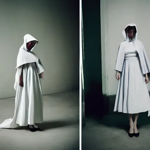 Image similar to Fashion photography of a woman wearing an outfit inspired by The Handmaid’s Tale (2017), artistic photography, cinematic lighting, insanely detailed, chiaroscuro, cinestill 800t, Vogue magazine