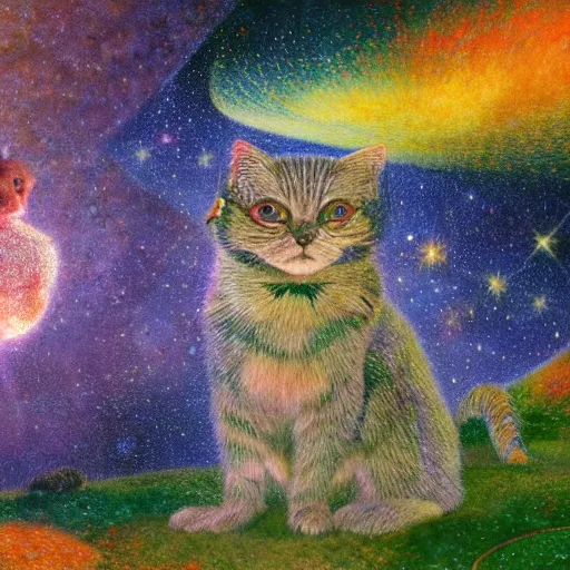 Image similar to psychedelic small cats hidden lush pine forest, outer space, milky way, designed by arnold bocklin, jules bastien - lepage, tarsila do amaral, wayne barlowe and gustave baumann, cheval michael, trending on artstation, star, sharp focus, colorful refracted sparkles and lines, soft light, 8 k 4 k