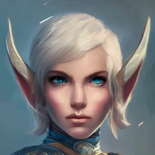 Prompt: close up headshot of a fantasy elf with short blonde hair, small ears and a strong jawline, character art, concept art, painting by Artgerm