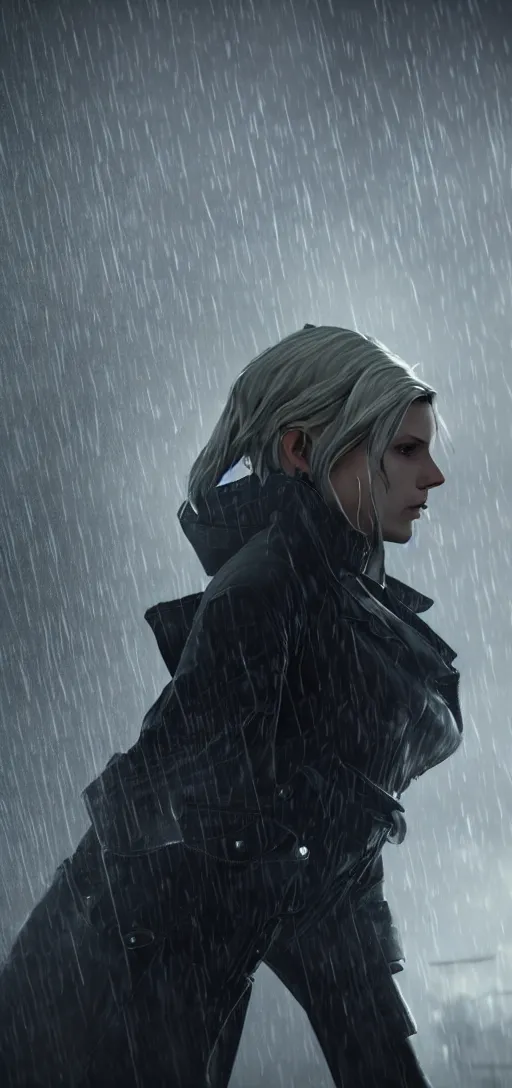 Prompt: remote detailed shot of beautiful annie leonhart in dunwall city, mid air shot, redshift render, beautiful face, detailed face, cinematic lighting, rainy weather, melancholy atmosphere, volumetric light, octane render, dishonored 1, gothic architecture, realistic reflections, octane render 8 k