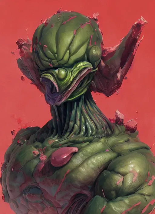 Image similar to semi reallistic gouache gesture painting, by yoshitaka amano, by ruan jia, by Conrad roset, by dofus online artists, detailed anime 3d render alien watermelon monster, watermelon alien terrible monster, antrophomorfic watermelon, portrait, cgsociety, artstation, rococo mechanical, Digital reality, sf5 ink style, dieselpunk atmosphere, gesture drawn