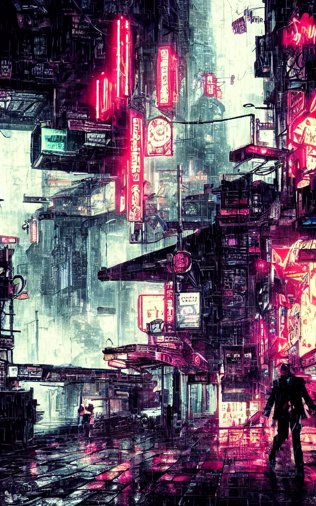 Prompt: a mafia boss exiting a building in a cyberpunk city ghostpunk, neon advertisements, blade runner, storm clouds, rain falling, detailed background, by tsutomu nihei