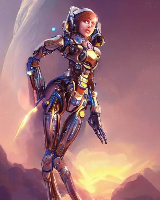 Image similar to holy cyborg girl with golden armor, elegant, scifi, jetpack, alien world, futuristic, utopia, garden, colorful, lee ji - eun, illustration, atmosphere, top lighting, blue eyes, focused, artstation, highly detailed, art by yuhong ding and chengwei pan and serafleur and ina wong