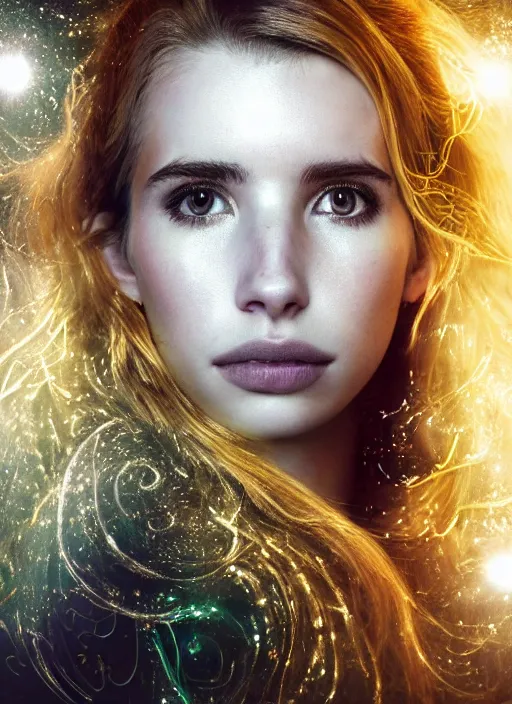 Image similar to glowing silver and golden elements, full close-up portrait, Emma Roberts as a dark witch in front of the full big moon, book cover, green forest, red white black colors, establishing shot, extremly high detail, foto realistic, cinematic lighting, pen and ink, intricate line drawings, by Yoshitaka Amano, Ruan Jia, Kentaro Miura, Artgerm, post processed, concept art, artstation, matte painting, style by eddie, raphael lacoste, alex ross