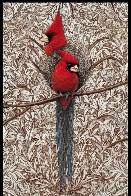 Prompt: ethereal Cardinal bird, intricate details, ornate, detailed illustration, octane render, Johanna Rupprecht style, William Morris style, trending on artstation