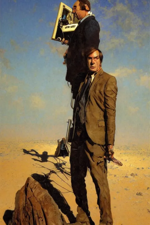 Prompt: saul goodman at a lonely!!!! pay phone in the desert!!!!, painting by'phil hale '!!! gaston bussiere, craig mullins, greg rutkowski, alphonse mucha,