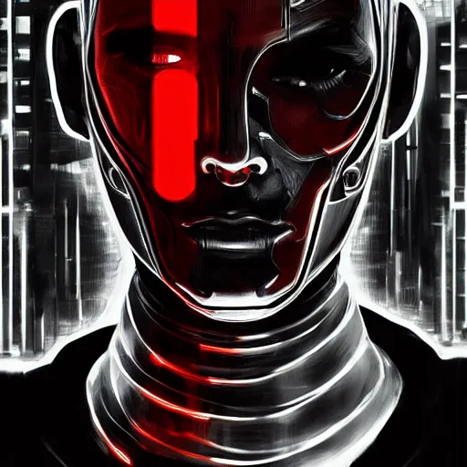 Image similar to cyberpunk human robot, scary, menacing, red and black and white, varnished painting, visible canvas, highly reflective, realistic reflections, realistic lighting, glossy, realistic