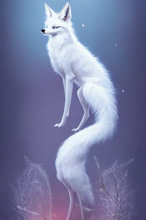 Image similar to complete and delicate portrait of a white nine - tailed fox, beautiful, agile, fairy, myth, legend, detailed, trending on artstatioin, light effects, kilian eng, john harris, bastien lecouffe - deharme