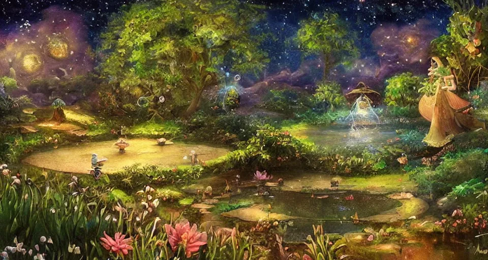 Image similar to a whimsical fairyland with a pond, starry sky, ambient lighting, fantasy art, fennando amorsolo style art