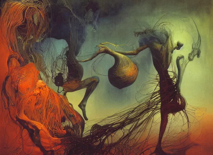 Image similar to dreamscape in a jar, gorgeous lighting, highly detailed, by zdzisław beksinski and francis bacon, art by dave mckean and rowena morrill and jeanbaptiste monge, computer aesthetic, vaporwave