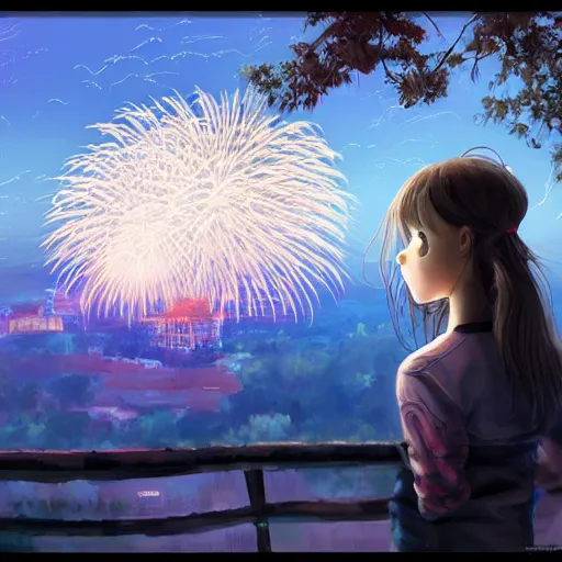 Image similar to girl watching watching fireworks on a hill, digital art, by ben weiner, richard estes, range murata, akiyuki shinbou, yoshitaka amano highly detailed, realistic, cinematic, bold colours, photorealism, 4 k, wide angle lens, trending on artstation