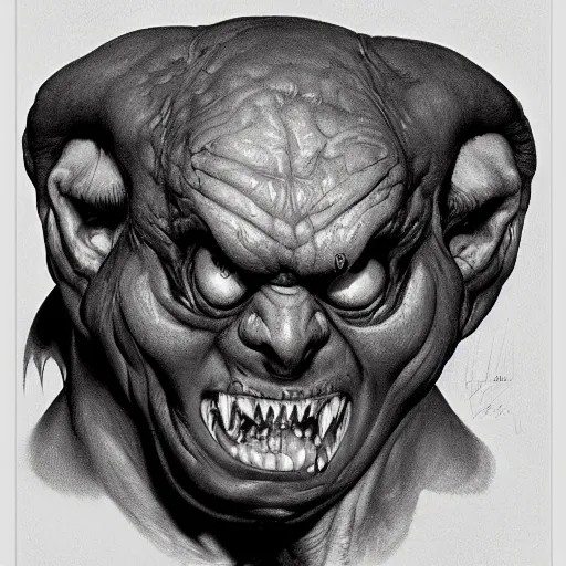 Image similar to upper body portrait of a bloated demonic man, by norman rockwell and boris vallejo, artstation, horror, concept creature character art