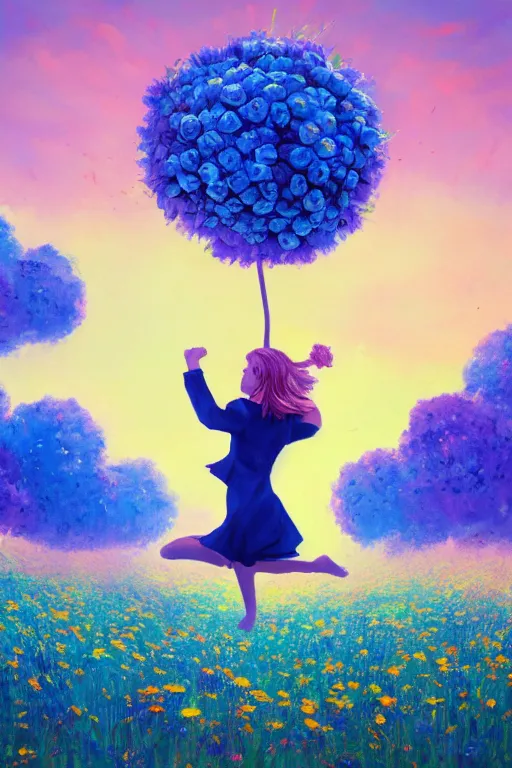 Image similar to closeup, giant flower head, girl in suit jumping in field of flowers, surreal photography, sunrise, blue sky, dramatic light, impressionist painting, digital painting, artstation, simon stalenhag