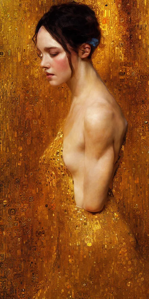 Image similar to an intricate portrait painting of an artistic pose young beautiful lady covered in klimt golden motives and textures, hyper - detailed, octane render, vivid colors, artstation, by jeremy mann, by gustav klimt