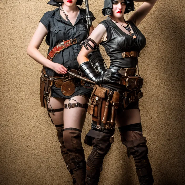 Image similar to full length photo of a very beautiful female slim dieselpunk warrior, 8 k, hdr, smooth, sharp focus, high resolution, award - winning photo