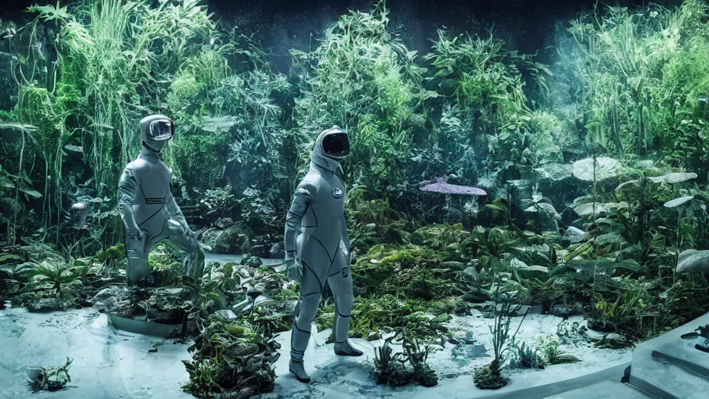 Image similar to Futuristic astronaut in an empty dark flooded ballroom overgrown with aquatic plants, film still from the movie directed by Denis Villeneuve with art direction by Salvador Dalí, wide lens