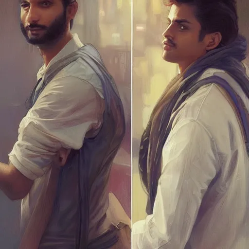 Image similar to Anxious good looking pale young Indian doctors wearing jeans and shirts at the airport, portrait, elegant, intricate, digital painting, artstation, concept art, smooth, sharp focus, illustration, art by artgerm and greg rutkowski and alphonse mucha