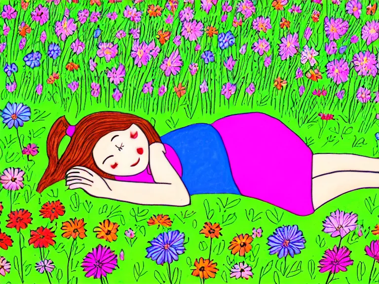 Image similar to drawing of girl laying down in the lawn full of flowers that smells like honey amongst forest with her soul connected to the nature around her. in naive art style