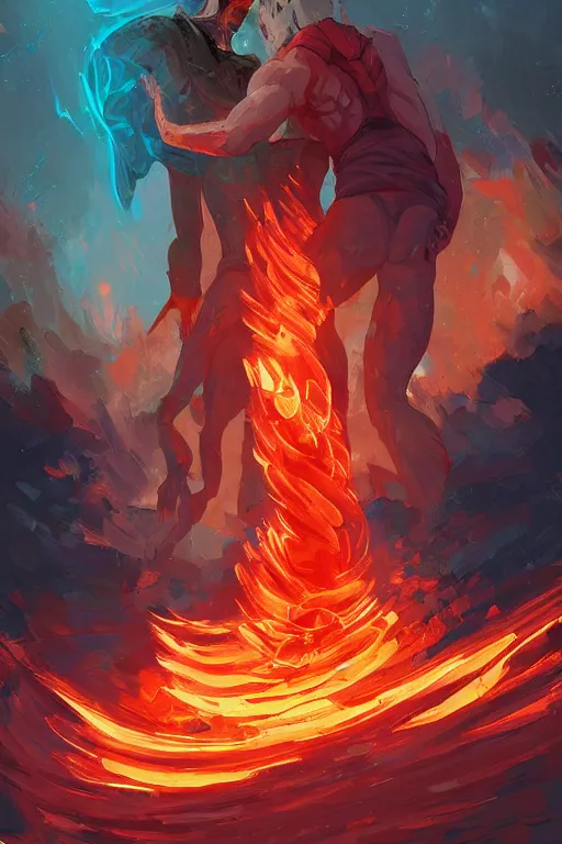 Prompt: the god prometheus giving a man the gift of fire, the fire is made of binary code, digital painting bioluminance alena aenami artworks in 4 k design by lois van baarle by sung choi by john kirby artgerm style pascal blanche and magali villeneuve mage fighter assassin