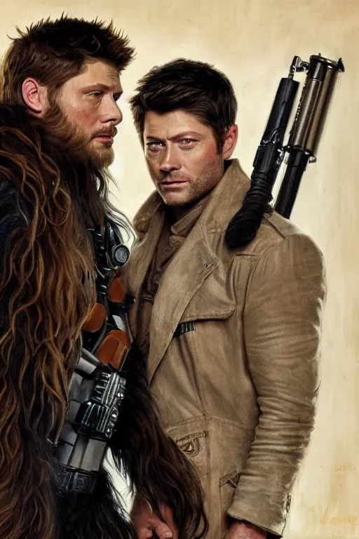 Image similar to a detailed matte portrait of an jensen ackles dressed as has solo and misha collins as chewbacca, masterpiece, 8 k, art by alphonse mucha and greg rutkowski