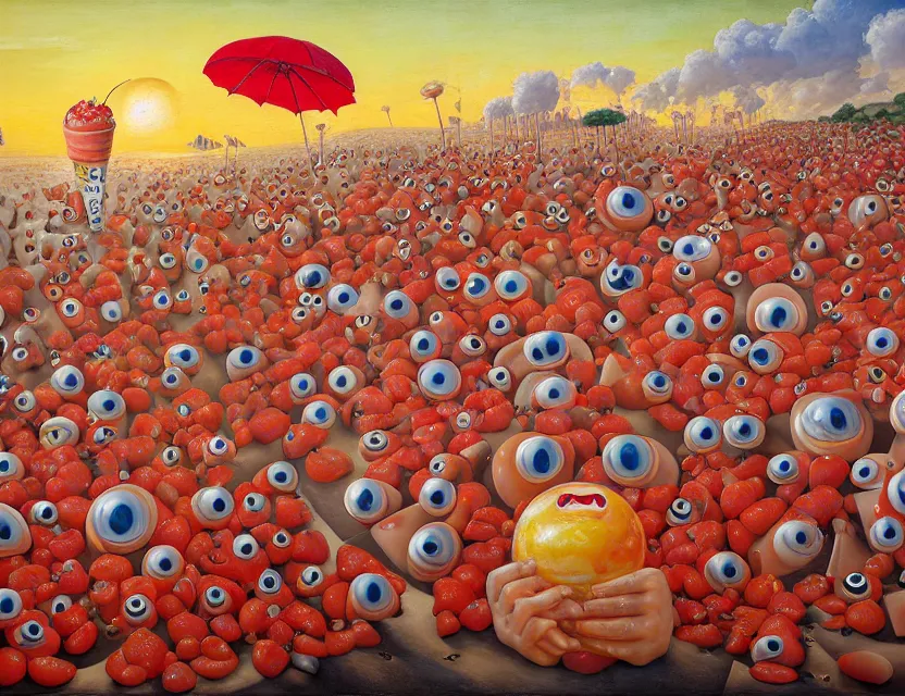 Image similar to a funny detailed high resolution oil painting with dirty old brush of a lazy red burning and melting tomato with to many googly eyes on a beach to hot for the sun, big piles of strawberry icecream in cones falling from the sky on a sunset by james jean and fernando botero