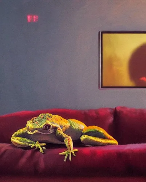 Prompt: hyper realistic oil painting of toad watching a tv movie chill on the couch, vibrant colors, high contrast, by greg rutkowski, trending on artstation, caricaturist