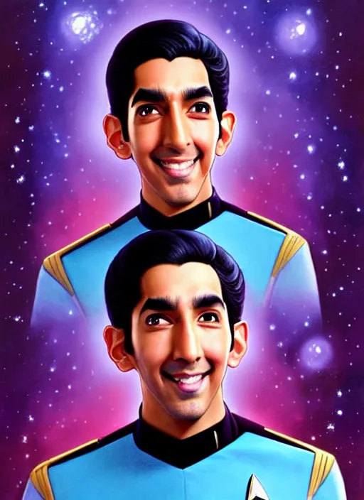 Image similar to cute star trek officer dev patel, natural lighting, path traced, highly detailed, high quality, digital painting, by don bluth and ross tran and studio ghibli and alphonse mucha, artgerm