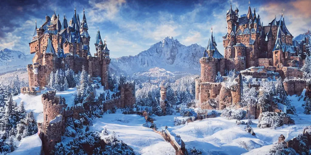 Image similar to a large castle amidst snowy mountain tops,lots of details,intricate,bridges,impossible,landscape,beautiful,a signpost on the foreground