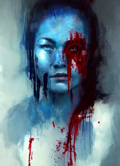 Image similar to painting of a beautiful goddess with blue hair, unclothed, soaked in blood, her beating heart exposed, she stares directly at the viewer, by Jeremy Mann, stylized, detailed, realistic, grim, dark tones, intimate, loose brush strokes