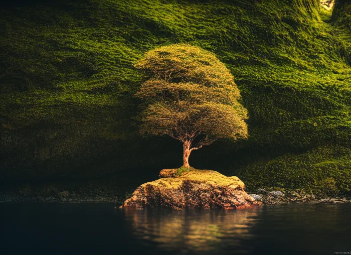 Prompt: a small tree on an island in a river in an underground cave. fantasy magic style. highly detailed 8 k. intricate. lifelike. soft light. sony a 7 r iv 5 5 mm. cinematic post - processing