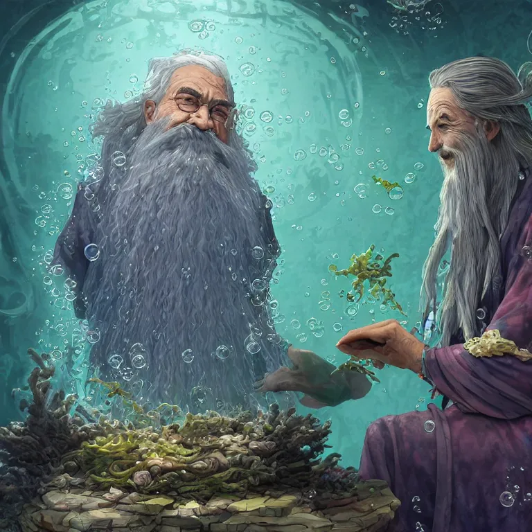 Image similar to an old wizard with seaweed for hairs and beard, wearing fluent multicolored robes in an underwater alchemical laboratory. digital illustration. fantasy. detailed. waterbubbles. by artgerm, wlop, james jean, andrei riabovitchev, marc simonetti, yoshitaka amano