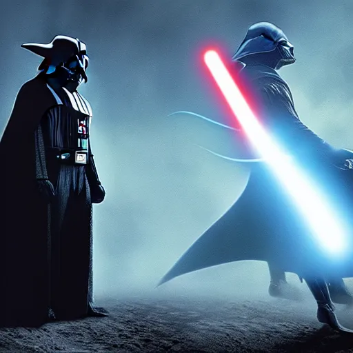 Prompt: stunning awe inspiring darth vader fighting yoda, movie still 8 k hdr atmospheric lighting