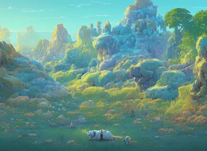 Image similar to concept art of a puppy landscape made of puppies, cel shaded, in the style of makoto shinkai and moebius and peter mohrbacher and anton fadeev