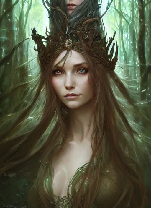 Image similar to portrait of a fantasy elf female sorceress queen with long hair flowing in an ancient forest filled with magic, highly detailed, digital painting, artstation, smooth, sharp focus, illustration, art by artgerm and greg rutkowski and alphonse mucha, fine face