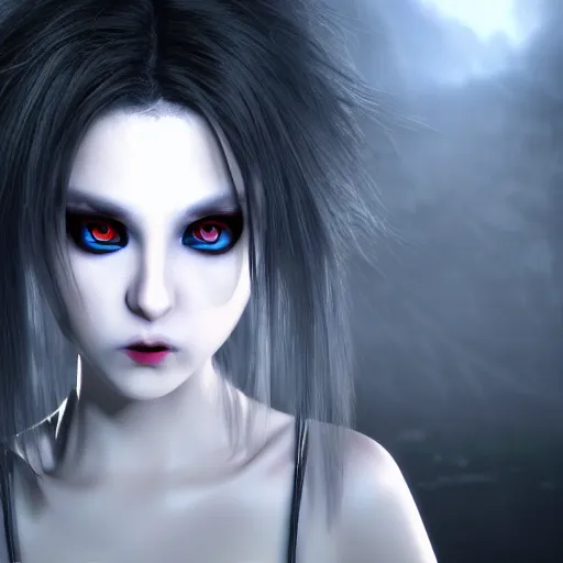 Prompt: photorealistic full shot of masterpiece angry darkness anime girl, beautifull eyes, electric aura, inspired by tim burton, detailed, unreal engine 4 k, volumetric light, fog