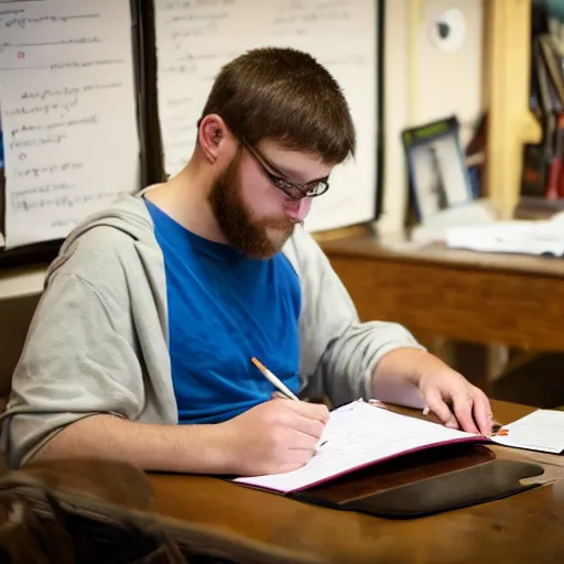 Prompt: Ethan Smith writing his next guide, (EOS 5DS R, ISO100, f/8, 1/125, 84mm, postprocessed, enhanced, facial features)